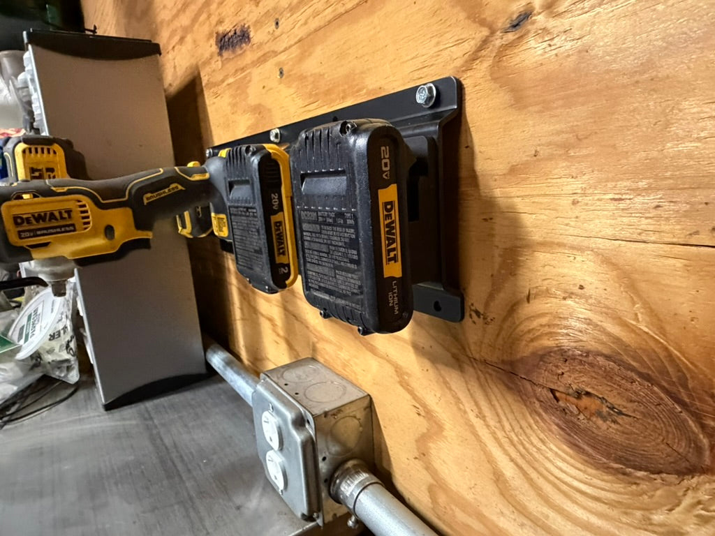 DeWalt 20V tool hanging on a wall-mounted Keepfast tool holder