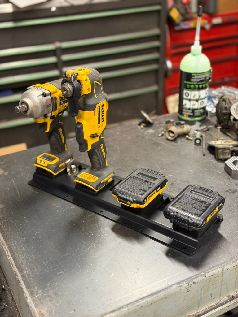 DeWalt 20V drill and impact driver mounted on Keepfast tool holders with batteries