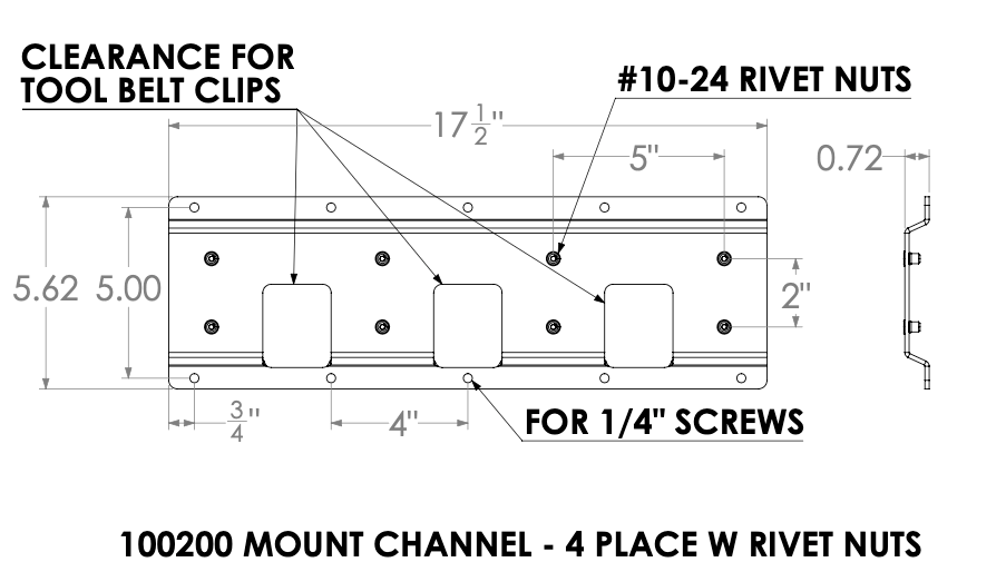 Dimension drawing: 4-slot mount channel, 17-1/2 x 5.62 in, #10-24 rivet nuts, mounts with 1/4 in screws