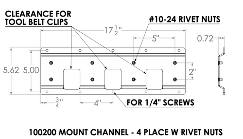 Dimension drawing: 4-slot mount channel, 17-1/2 x 5.62 in, #10-24 rivet nuts, mounts with 1/4 in screws
