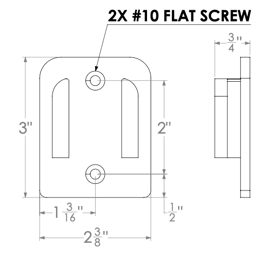 Dimension drawing: Milwaukee M18 tool holder, 3 x 2-3/8 x 3/4 in, mounts with 2x #10 flat screws