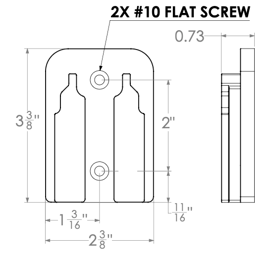 Dimension drawing: DeWalt 20V tool holder, 3-3/8 x 2-3/8 x 0.73 in, mounts with 2x #10 flat screws